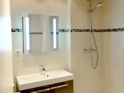 Salle de bains dans l'établissement Studio confortable avec balcon, près des pistes et animaux acceptés - FR-1-502-497