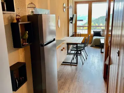 Cuisine ou kitchenette dans l'établissement Studio rénové 5 pers, ski aux pieds, fibre et balcon - FR-1-346-555