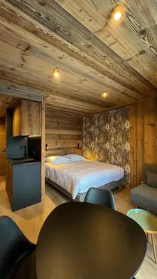 Un ou plusieurs lits dans un hébergement de l'établissement Résidence GRAND COCOR, Skis aux pieds -Studio 25 m2- by MONTBLANC LOGDE