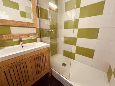 Salle de bains dans l'établissement Studio rénové de 26 m² pour 4 pers avec balcon, accès pistes, animaux admis - Vallandry - FR-1-757-116