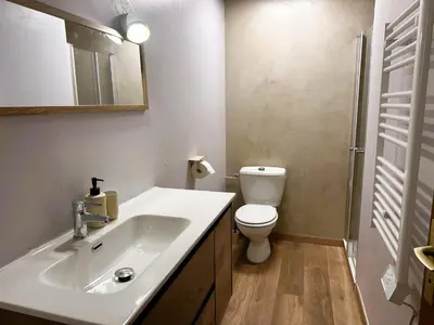 Salle de bains dans l'établissement Joli 2 pièces avec jardin près téléski, 4 pers. - FR-1-464-245