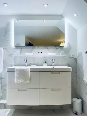 Salle de bains dans l'établissement Ici, dort un Yeti