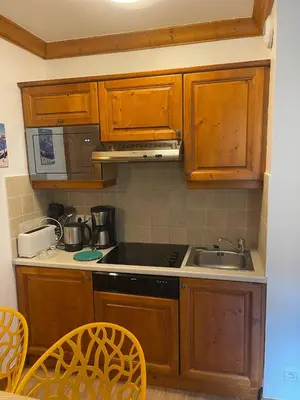 Cuisine ou kitchenette dans l'établissement Cozy studio 3 guests, private terrace, inside pool, spa, luxurious residence, ski-in ski-out