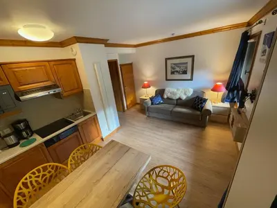 Cuisine ou kitchenette dans l'établissement Cozy studio 3 guests, private terrace, inside pool, spa, luxurious residence, ski-in ski-out
