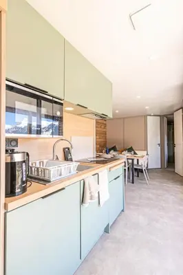 Cuisine ou kitchenette dans l'établissement Résidence Camping La Buidonniere - Chalet confortable et lumineux en pleine nature MAE-1033