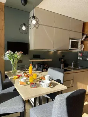 Cuisine ou kitchenette dans l'établissement Studio avec terrasse plein sud vu montagne
