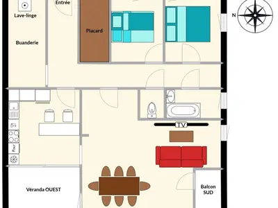 Plan de l'établissement Aussois : Appartement spacieux pour 6 à 7 pers, 3 chambres, balcon & véranda - FR-1-508B-56