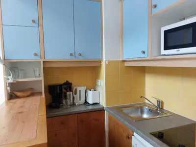 Cuisine ou kitchenette dans l'établissement Duplex rénové, animaux admis, pour 5 personnes près pistes et commerces - FR-1-411-404