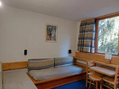Coin salon dans l'établissement Studio 2 personnes, animaux admis, wifi inclus, proche pistes, Arc 1800 - FR-1-411-270