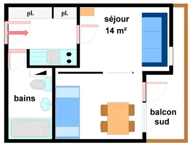 Plan de l'établissement Studio 3 pers. au pied des pistes avec balcon exposé sud, draps fournis, proche commerces - FR-1-508-76