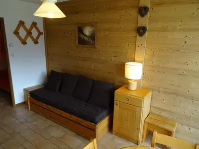Coin salon dans l'établissement Studio 4 pers. à Plan Peisey, proche pistes, animaux admis - FR-1-411-641