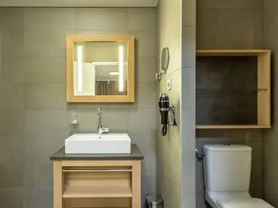 Salle de bains dans l'établissement Appartement moderne 4 pièces avec piscine, spa, parking et accès direct aux pistes - FR-1-352-65