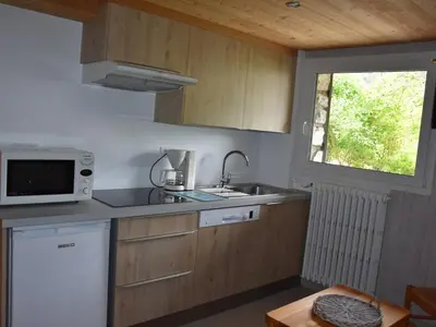 Cuisine ou kitchenette dans l'établissement Chalet paisible avec terrasse et animaux admis, 4 pers. - FR-1-464-184