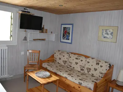 Coin salon dans l'établissement Chalet paisible avec terrasse et animaux admis, 4 pers. - FR-1-464-184