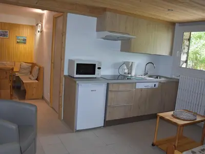 Cuisine ou kitchenette dans l'établissement Chalet paisible avec terrasse et animaux admis, 4 pers. - FR-1-464-184