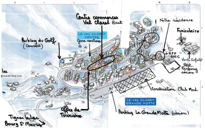 Plan de l'établissement Tignes rond point des pistes vue panoramique au soleil