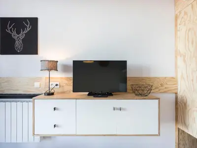 Télévision ou salle de divertissement dans l'établissement Studio rénové 5 pers, balcon, vue Mont Blanc - FR-1-346-376