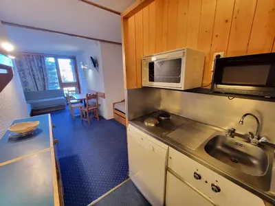 Cuisine ou kitchenette dans l'établissement Studio cabine 4 pers au pied des pistes avec balcon - FR-1-346-458