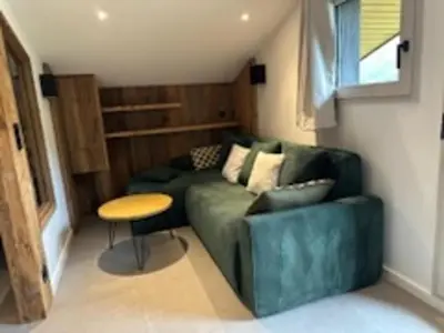 Coin salon dans l'établissement Appartement skis aux pieds, 2 cabines, WiFi, animaux admis - FR-1-181-2305