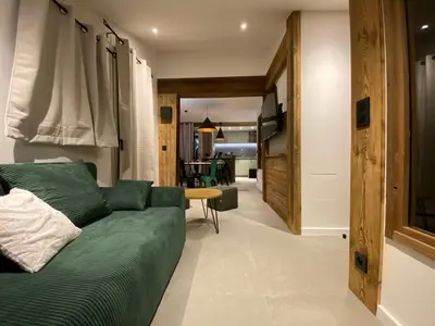 Coin salon dans l'établissement Appartement skis aux pieds, 2 cabines, WiFi, animaux admis - FR-1-181-2305