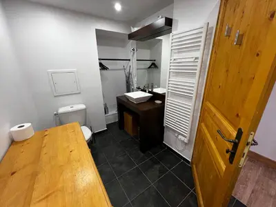 Salle de bains dans l'établissement Haut Belle Plagne, vue montagnes, au pied des pistes, proche de l'ESF & espace piscine inclus