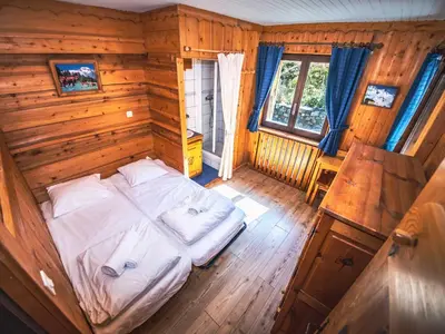 Un ou plusieurs lits dans un hébergement de l'établissement Appartement rénové au chalet, proche pistes, balcon, animaux admis - FR-1-502-355