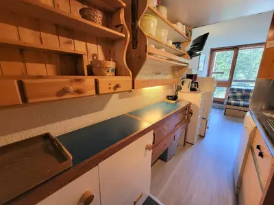 Cuisine ou kitchenette dans l'établissement Studio ski aux pieds avec balcon et TV - FR-1-346-493