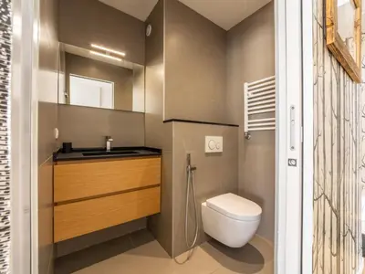 Salle de bains dans l'établissement Appartement rénové, skis aux pieds, 10 pers., balcon - FR-1-502-364