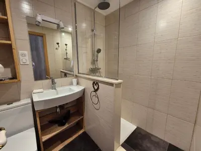 Salle de bains dans l'établissement Appartement rénové proche des pistes, balcon, vue lac, WiFi - FR-1-502-389