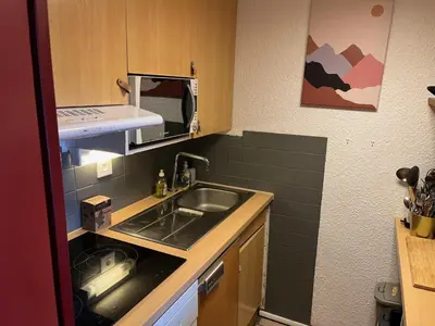 Cuisine ou kitchenette dans l'établissement Confortable 2 pièces avec balcon, animaux admis et Wi-Fi - FR-1-502-396