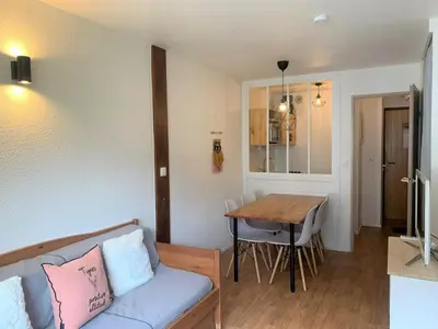 Coin salon dans l'établissement Appartement confortable skis aux pieds avec balcon, 6 pers, Tignes - FR-1-502-398