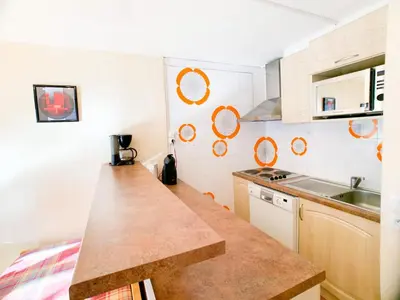 Cuisine ou kitchenette dans l'établissement Studio confortable et lumineux, proche des pistes et commerces, balcon, animaux admis - FR-1-502-423