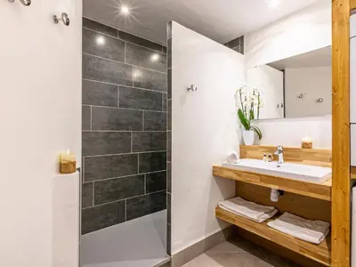 Salle de bains dans l'établissement Appartement de style montagnard dans chalet rustique, au cœur du vieux village et aux pieds des pistes - FR-1-694-73
