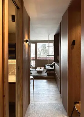 Un ou plusieurs lits dans un hébergement de l'établissement Les Barmettes Appart rénové avec vue, parking et skis aux pieds