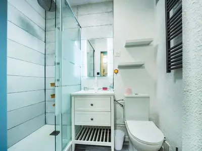 Salle de bains dans l'établissement Studio rénové skis aux pieds avec balcon et wifi - FR-1-502-472