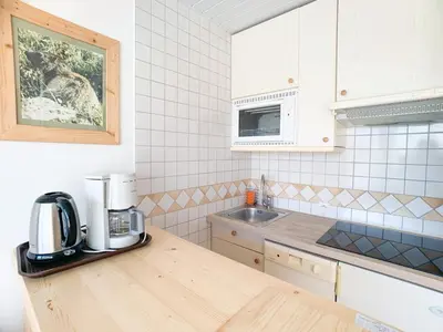 Cuisine ou kitchenette dans l'établissement Studio lumineux proche pistes et commerces, balcon vue lac, animaux acceptés - FR-1-502-487